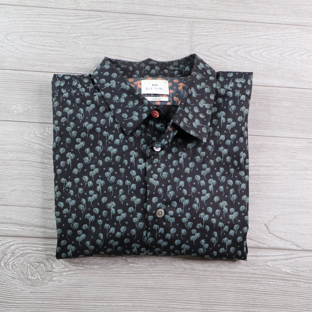 PS Paul Smith Slim Fit Shirt Men's M Black Palm Tree Print Button Up